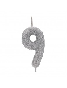 Vela Número 9 Prateado Glitter